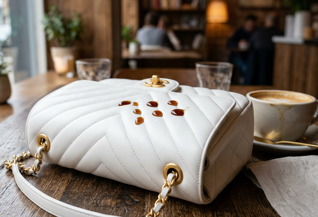 White quilted handbag with gold chain beside coffee cup on café table