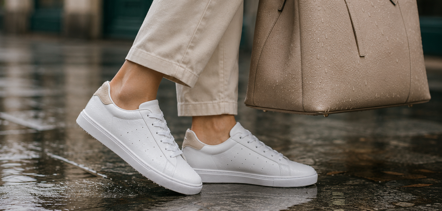 White sneakers and beige leather bag protected from rain and water